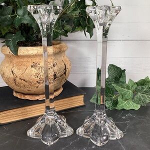 2 Mikasa Crystal Petals 9” Candlestick Holders, Taper Clear Glass Candleholders